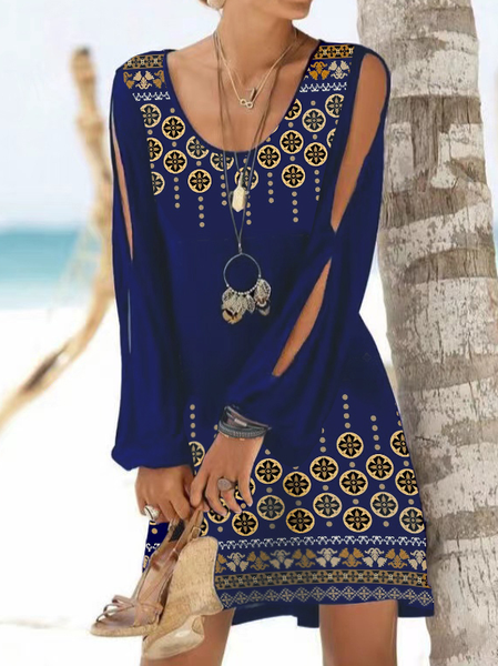 

Boho Bishop Sleeve Tribal Long sleeve Knit Dress, Navy blue, Mini Dresses