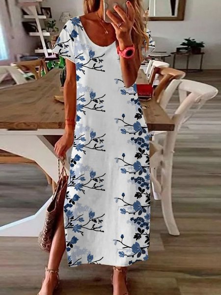 

Casual Floral V neck Short Sleeve Knit Dress, White, Maxi Dresses