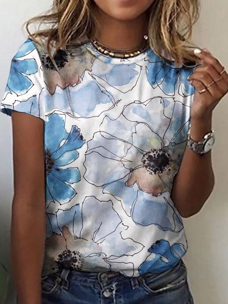 

Romantic Floral Crew Neck Loosen Short Sleeve T-Shirt, Flower, T-Shirts