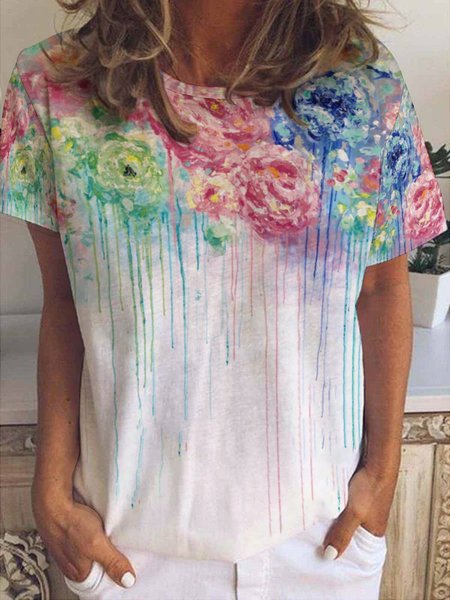 

Casual Floral Print Crew Neck Short Sleeve T-Shirt, As picture, T-shirts