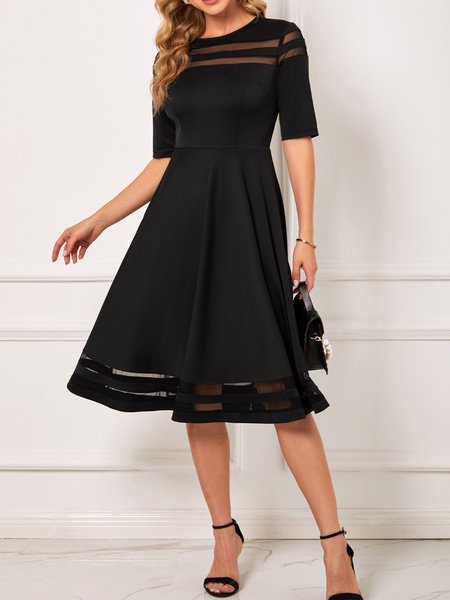 

Patchwork Simple Short Sleeve Knit Dress, Black, Midi Dresses