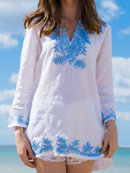 

Cotton Linen Botanical Print Casual Top, White, Tops