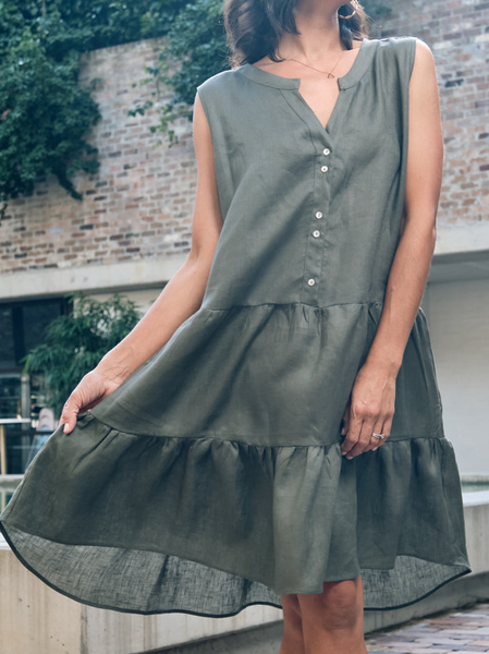 

Notched Short Sleeve Woven Dress, Dark green, Mini Dresses