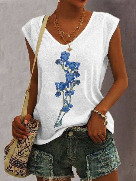 

Casual Floral V Neck Knit Tank, White, Tanks & Camis