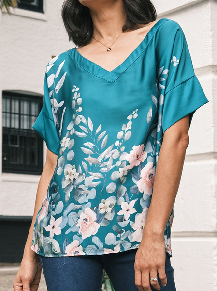 

Floral Casual Short Sleeve Blouse Tops, Cyan, Tops
