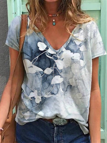 

Floral V Neck Casual Short Sleeve T-Shirt, Blue, T-Shirts