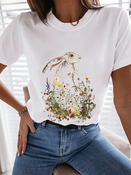 

Easter Bunny Element Print Spring New Explosive Casual Ladies Knit T-Shirt, White, T-Shirts
