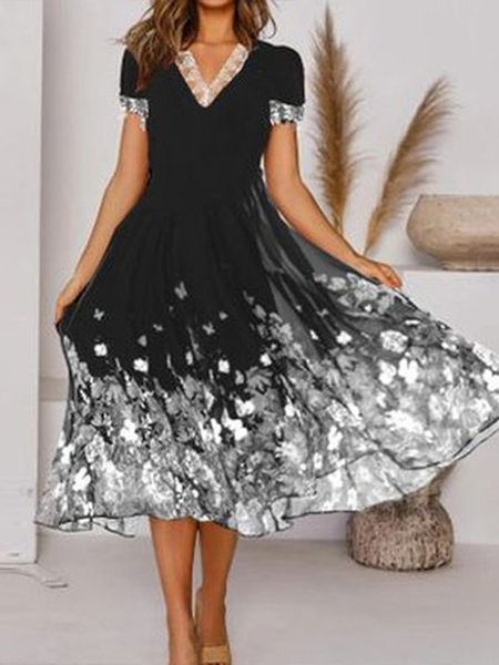 

Color Block Vacation V Neck Loosen Dresses, Black, Midi Dresses
