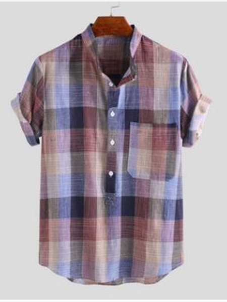

Holiday Cotton and Linen Plaid Short Sleeve Liner Men, Wine red, Shirt