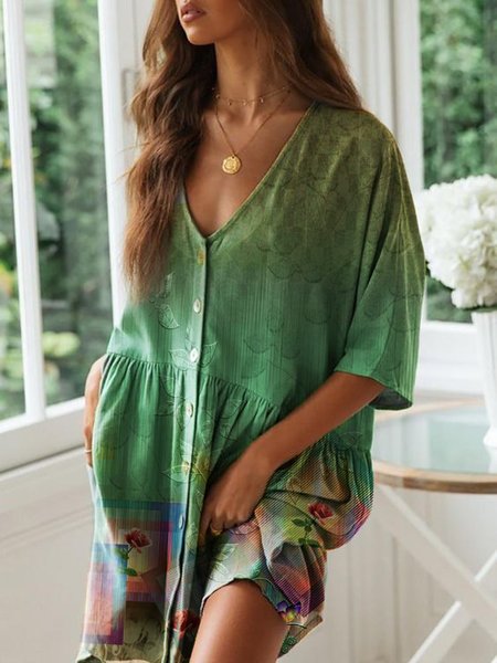 

Casual Ombre Tribal V Neck Cotton Blends Loosen Mid Sleeve Blouse, Green, Shirts & Blouses