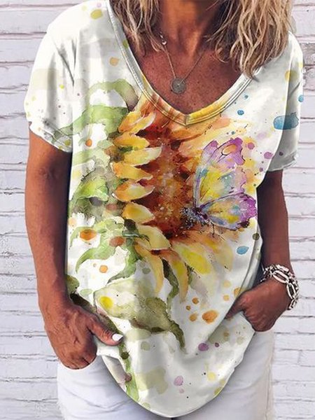 

Butterfly Sunflower Floral Printed Loosen Vacation V Neck Off Shoulder Short Sleeve T-Shirt, Flower, T-Shirts