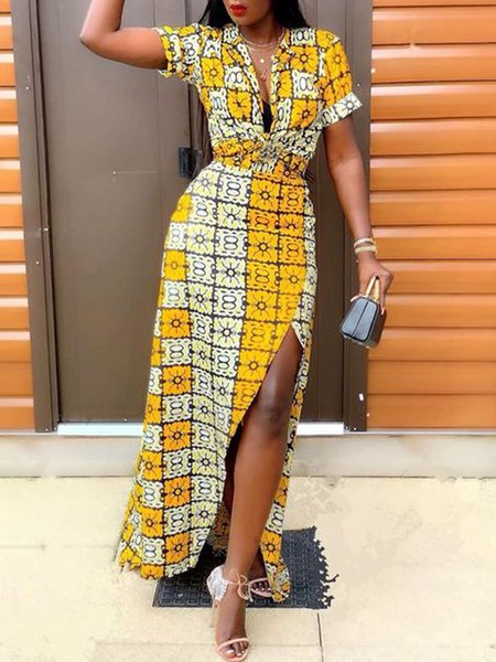 

Printed Vacation Short Sleeve Dress, Yellow, Maxi Dresses