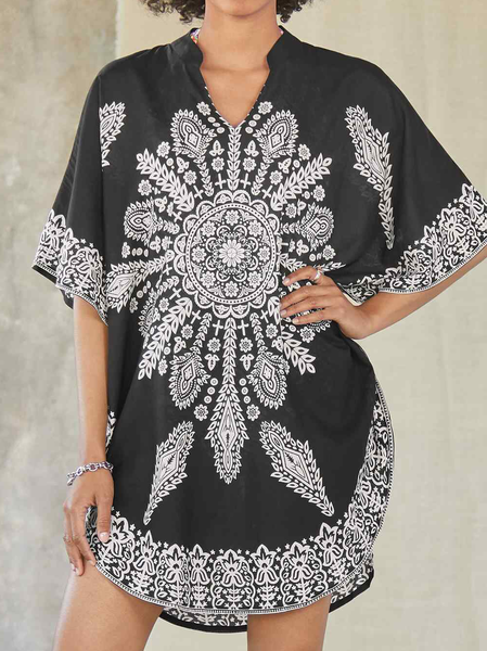 

Boho V Neck Tribal Short Sleeve Woven Dress, Black-white, Mini Dresses