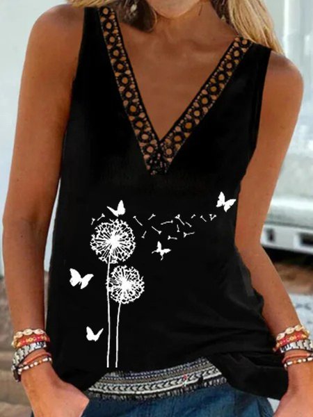 

Casual Dandelion V Neck Sleeveless Knit Tank, Black, Tank Top