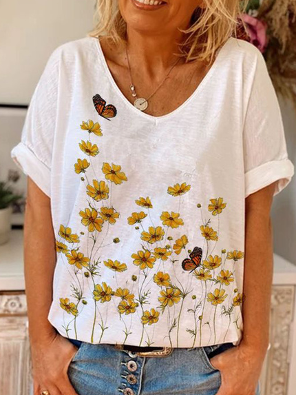 

Floral Printed Vacation Loosen Crew Neck Off Shoulder Short Sleeve T-Shirt, White, T-Shirts