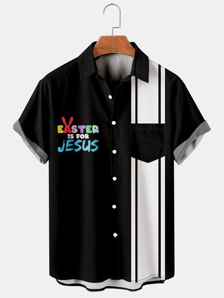 

Casual Style Holiday Collection Easter Slogan And Striped Geometric Elements Lapel Short-Sleeved Printed Shirt Top, Black, Men's Floral shirt