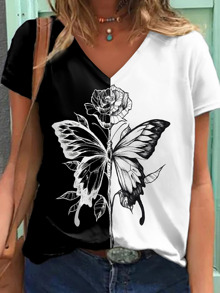 

V Neck Butterfly Vacation Floral Short Sleeve T-Shirt, Black, T-Shirts
