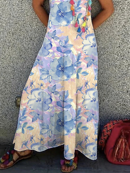 

Vacation Round Neck Floral Loosen Short Sleeve Knit Dress, Blue, Dresses