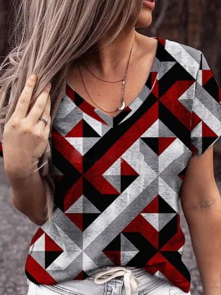 

Geometric V Neck Casual Short Sleeve T-Shirt, Multicolor, T-Shirts