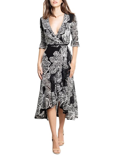 

Vacation Floral Short Sleeve Dress, Black, Midi Dresses