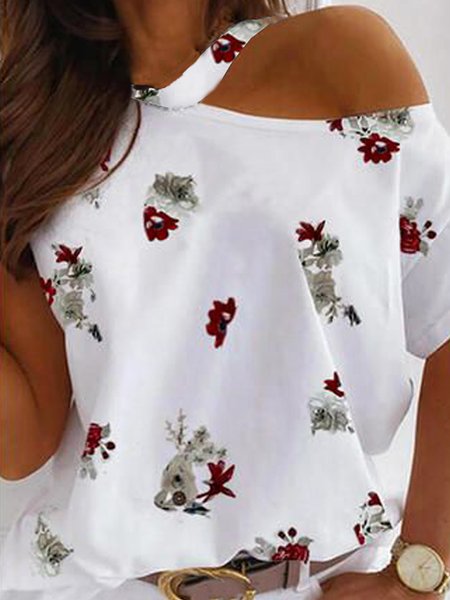 

Floral Printed Romantic Off The Shoulder Loosen Asymmetric Short Sleeve T-Shirt, Flower, T-Shirts