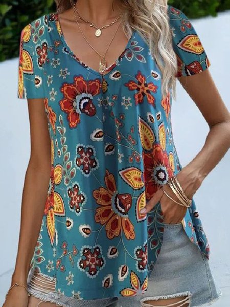 

Tribal Floral Loosen Vacation V Neck Short Sleeve T-Shirt, Flower, T-Shirts