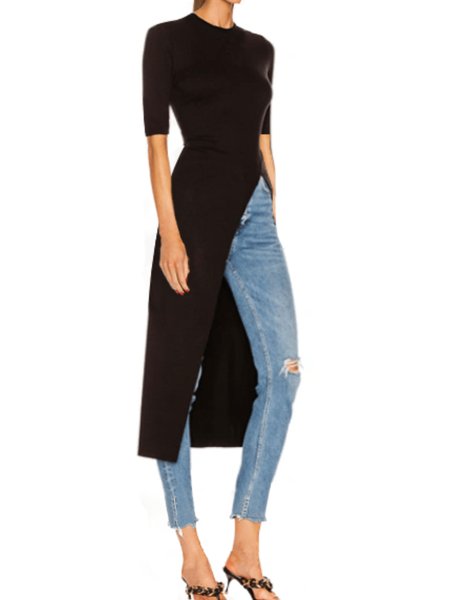 Spring Elegant Short Sleeve Daily Crew Neck Short sleeve Tops, Black, Tops