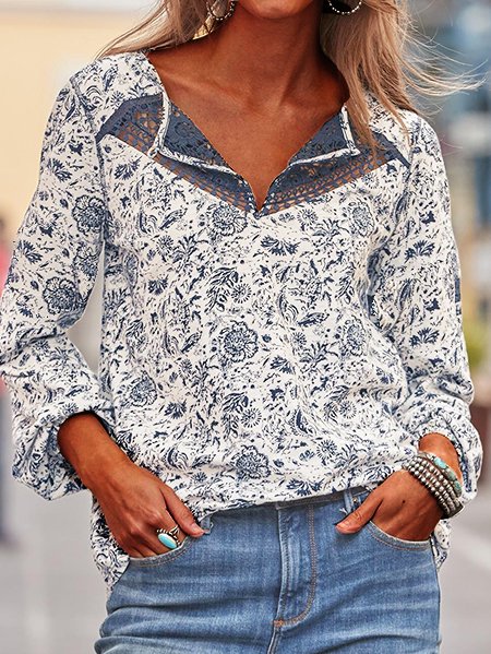 

Buttoned Loosen Long Sleeve Tops, Blue, Tops