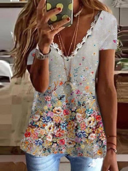 

Casual V Neck Short Sleeve T-Shirt, Multicolor, T-Shirts