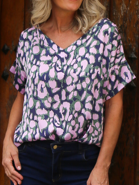 

Leopard Casual V Neck Short Sleeve Blouse Tops, Purple, Tops