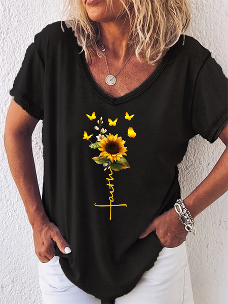 

Casual Summer Butterfly Chrysanthemum Print Short Sleeve T-Shirt, Black, T-Shirts
