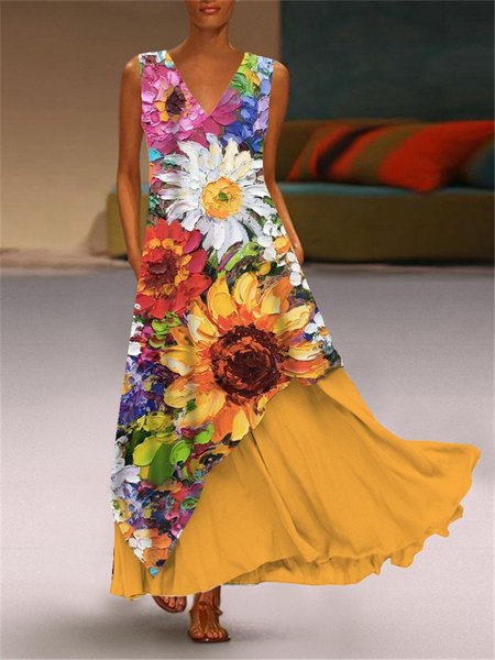 

Vacation Sunflower V Neck Short Sleeve women Dress, Yellow, Dresses