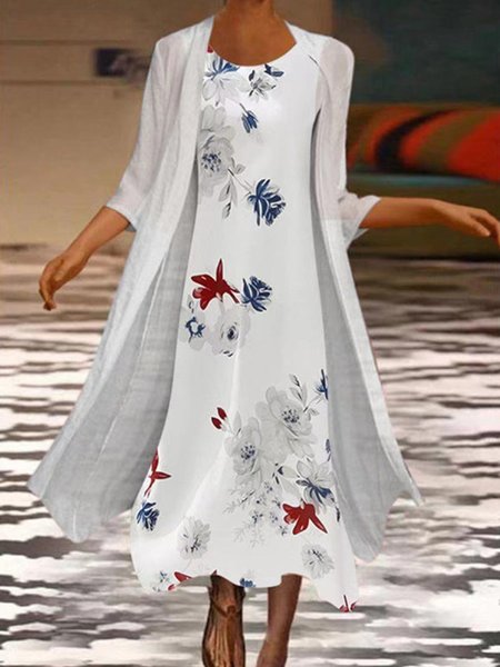 

Casual Floral Short Sleeve Woven Dress, As picture, Midi Dresses