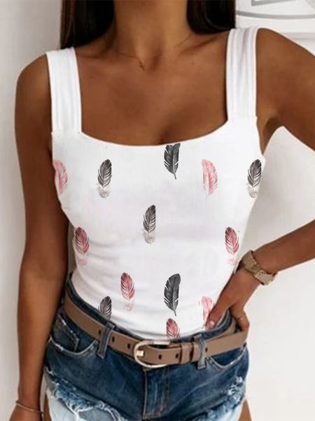

Sexy Feather Square Neck Sleeveless Knit Tank, White, Tank Top