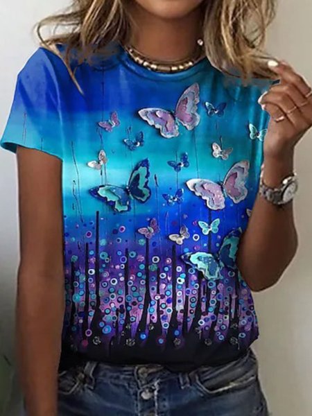 

Crew Neck Cotton Blends Loosen Short Sleeve T-Shirt, Blue, T-Shirts