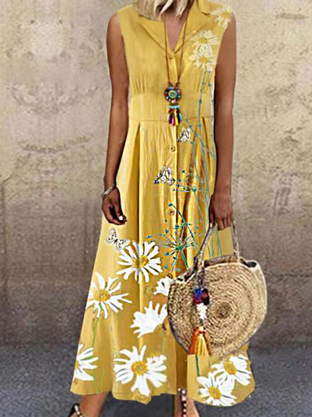 

V Neck Vacation Short Sleeve Women Dress, Yellow, Dresses