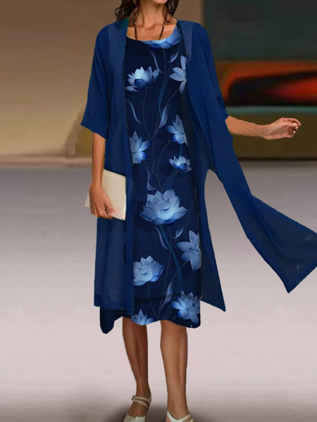 

Crew Neck Cotton Blends Vacation Two Piece Sets, Purplish blue, Suit Set