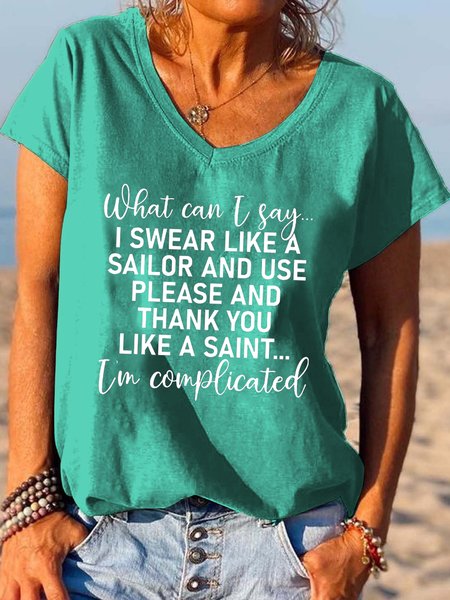 I‘m Complicated Funny Print V-neck T-shirt, Green, T-shirts