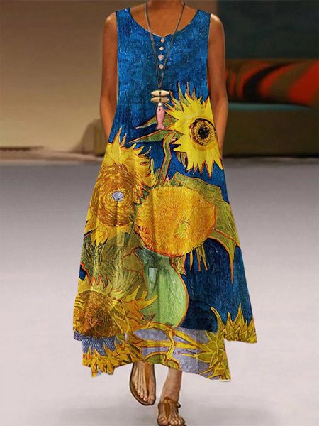 

Vacation Sunflower Short Sleeve Woven Dress, Blue, Dresses