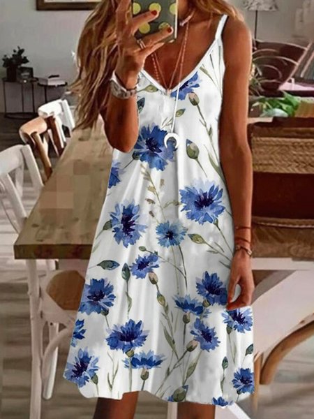 

Cotton Blends V Neck Casual Short Sleeve Knit Dress, Blue, Mini Dresses