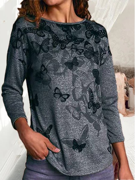 Casual Butterfly Long Sleeve T-Shirt, Gray, T-Shirts