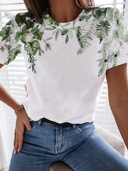 

Regular Fit Casual Leaves Short Sleeve T-Shirt, White, T-Shirts