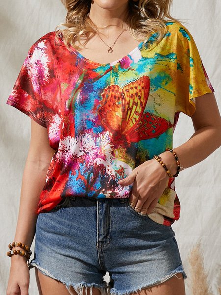 

Butterfly Gradient Print Spring New Explosive Casual Ladies Knit T-Shirt, Multicolor, T-Shirts
