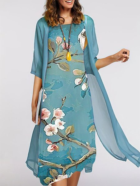 

Half Sleeve Floral Regular Fit Short Sleeve Woven Dress, Cyan, Midi Dresses