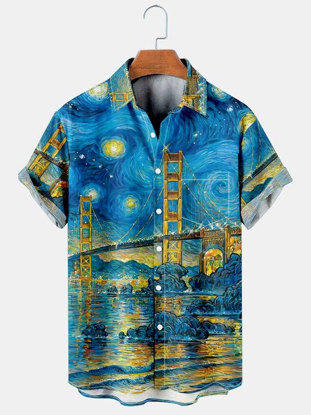 

Casual Style Art Series Oil Painting Elements Lapel Short-Sleeved Printed Shirt Top, Multicolor, Shirts ＆ Blouse