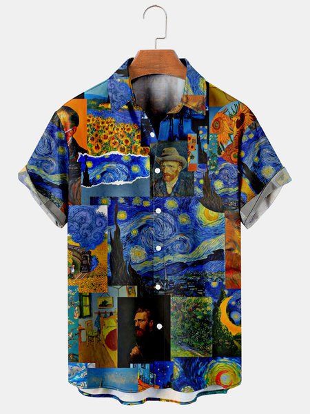 

Casual Style Art Series Oil Painting Elements Lapel Short-Sleeved Printed Shirt Top, As picture, Men's Floral shirt