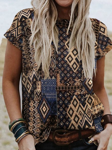 

Geometric Tribal Boho Loosen Casual Crew Neck Short Sleeve T-Shirt, As picture, T-Shirts