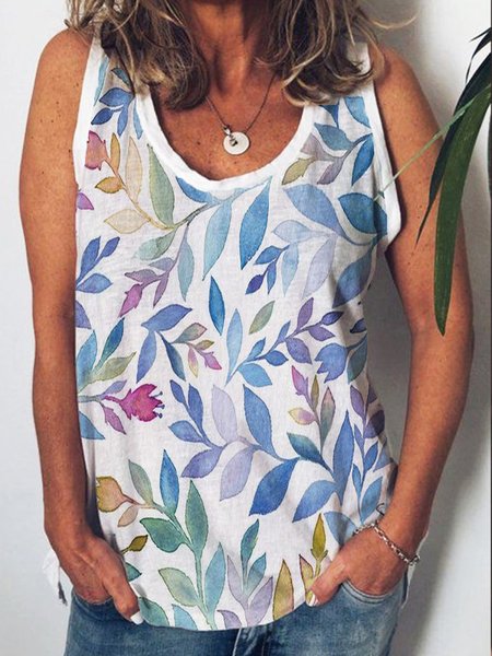

Casual Leaves Printed Loosen Round Neck Tank, White, Tank Top