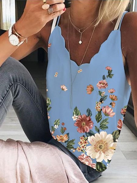 Cotton Blends Floral Loosen Woven Tank, Blue, Tank Top