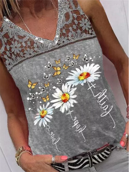 

V Neck Floral Casual Knit Tank, Gray, Tank Top